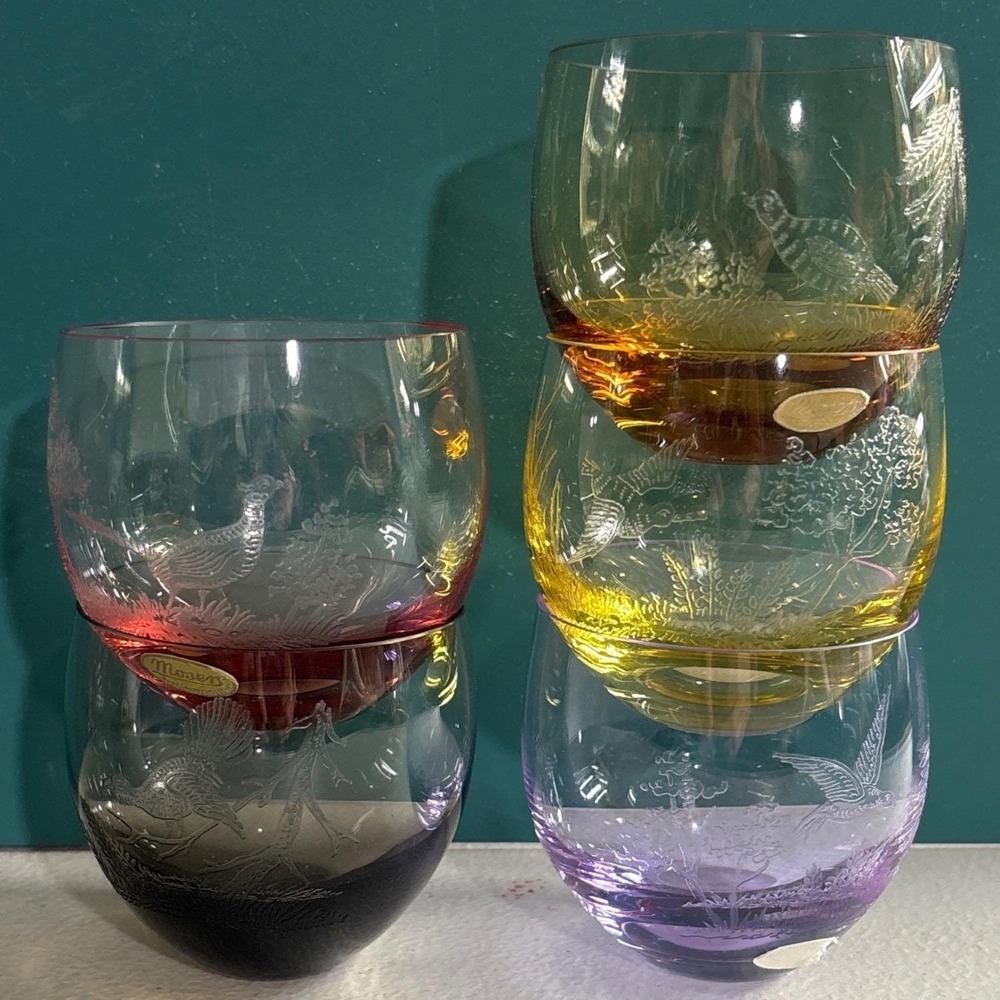 Vintage Moser etched birds bohemian Czech crystal bar glasses